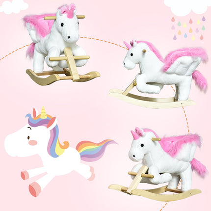 Unicorn Rocking Horse Wooden Kids Ride-On Plush Toy with Music - Pink/White