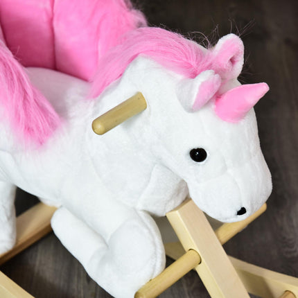 Unicorn Rocking Horse Wooden Kids Ride-On Plush Toy with Music - Pink/White