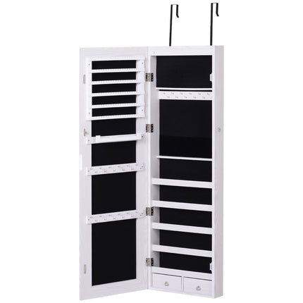 Mirrored Lockable Jewellery Storage Cabinet with 6 LED Lights Door or Wall Mounted - White