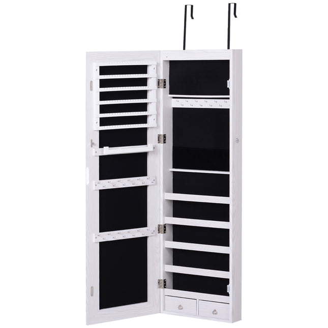 Mirrored Lockable Jewellery Storage Cabinet with 6 LED Lights Door or Wall Mounted - White