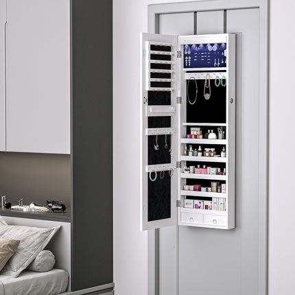 Mirrored Lockable Jewellery Storage Cabinet with 6 LED Lights Door or Wall Mounted - White