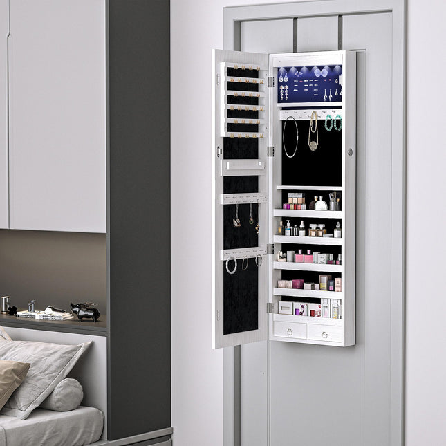 Mirrored Lockable Jewellery Storage Cabinet with 6 LED Lights Door or Wall Mounted - White