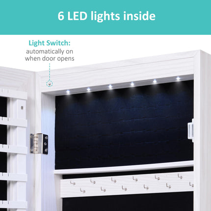 Mirrored Lockable Jewellery Storage Cabinet with 6 LED Lights Door or Wall Mounted - White