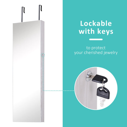 Mirrored Lockable Jewellery Storage Cabinet with 6 LED Lights Door or Wall Mounted - White
