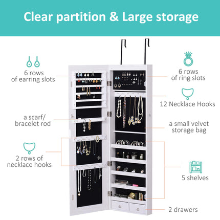 Mirrored Lockable Jewellery Storage Cabinet with 6 LED Lights Door or Wall Mounted - White