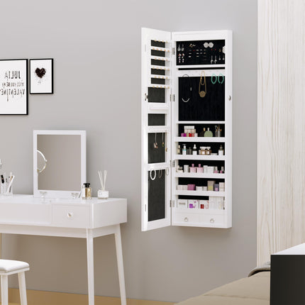 Mirrored Lockable Jewellery Storage Cabinet with 6 LED Lights Door or Wall Mounted - White