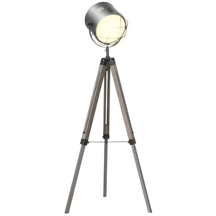 Industrial Tripod Floor Lamp with Vintage Spotlight and Wooden Legs E27 Base - Grey