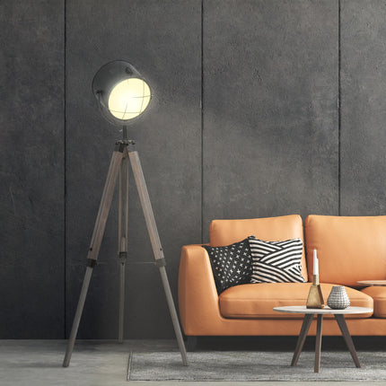 Industrial Tripod Floor Lamp with Vintage Spotlight and Wooden Legs E27 Base - Grey
