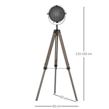 Industrial Tripod Floor Lamp with Vintage Spotlight and Wooden Legs E27 Base - Grey