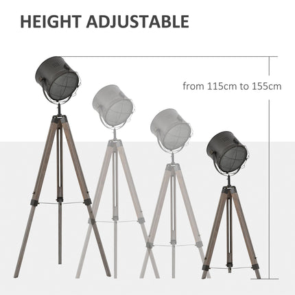 Industrial Tripod Floor Lamp with Vintage Spotlight and Wooden Legs E27 Base - Grey