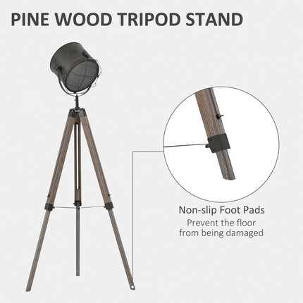 Industrial Tripod Floor Lamp with Vintage Spotlight and Wooden Legs E27 Base - Grey