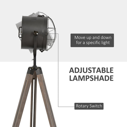 Industrial Tripod Floor Lamp with Vintage Spotlight and Wooden Legs E27 Base - Grey