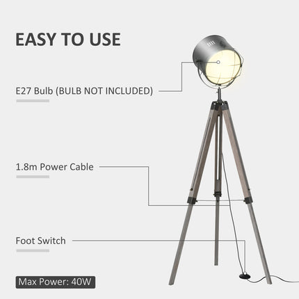 Industrial Tripod Floor Lamp with Vintage Spotlight and Wooden Legs E27 Base - Grey