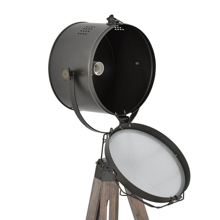 Industrial Tripod Floor Lamp with Vintage Spotlight and Wooden Legs E27 Base - Grey