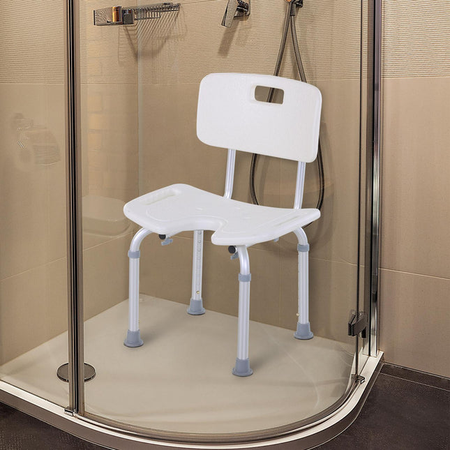 8-Level Height Adjustable Bath Stool with Handle and Non-Slip Feet, 136kg Capacity - White/Silver