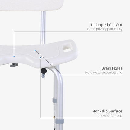8-Level Height Adjustable Bath Stool with Handle and Non-Slip Feet, 136kg Capacity - White/Silver