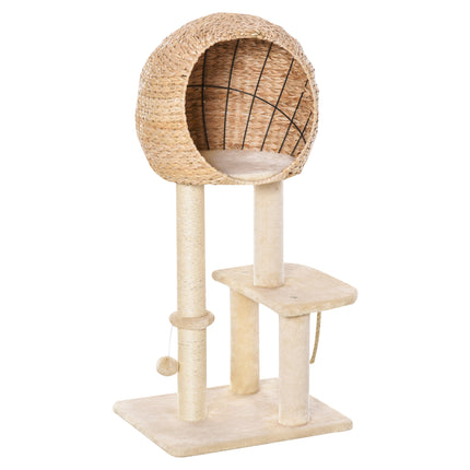 100cm Cat Tree Tower with Sisal Scratching Post, Condo, Perch & Hanging Toys - Beige
