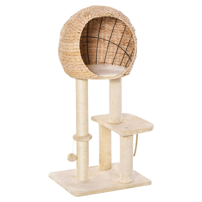 100cm Cat Tree Tower with Sisal Scratching Post, Condo, Perch & Hanging Toys - Beige