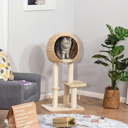 100cm Cat Tree Tower with Sisal Scratching Post, Condo, Perch & Hanging Toys - Beige