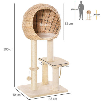 100cm Cat Tree Tower with Sisal Scratching Post, Condo, Perch & Hanging Toys - Beige
