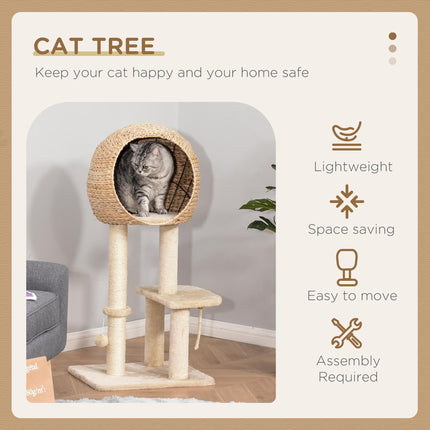 100cm Cat Tree Tower with Sisal Scratching Post, Condo, Perch & Hanging Toys - Beige