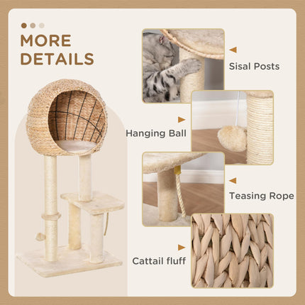 100cm Cat Tree Tower with Sisal Scratching Post, Condo, Perch & Hanging Toys - Beige