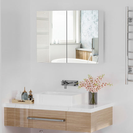 Double Door Wall Mounted Mirror Cabinet with Storage Shelves 80x60x15cm - White