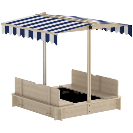 Children's Square Wooden Cabana Sandbox with Adjustable Canopy 106x106x121cm - Natural Wood, Blue & White