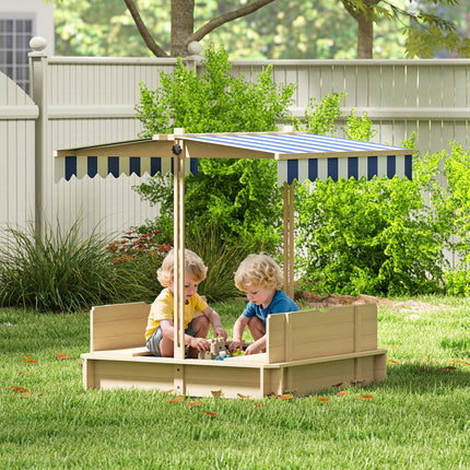 Children's Square Wooden Cabana Sandbox with Adjustable Canopy 106x106x121cm - Natural Wood, Blue & White