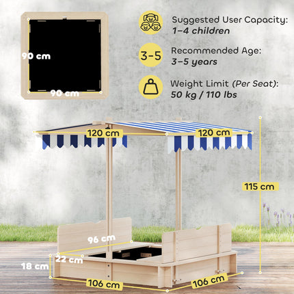 Children's Square Wooden Cabana Sandbox with Adjustable Canopy 106x106x121cm - Natural Wood, Blue & White