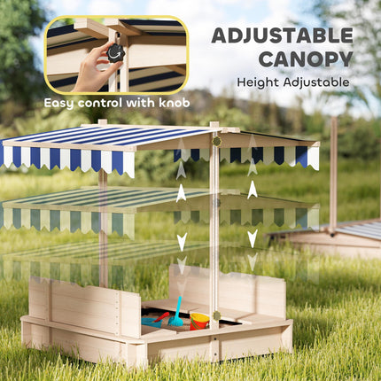 Children's Square Wooden Cabana Sandbox with Adjustable Canopy 106x106x121cm - Natural Wood, Blue & White