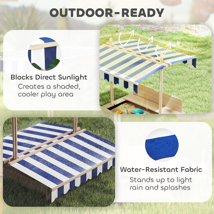 Children's Square Wooden Cabana Sandbox with Adjustable Canopy 106x106x121cm - Natural Wood, Blue & White