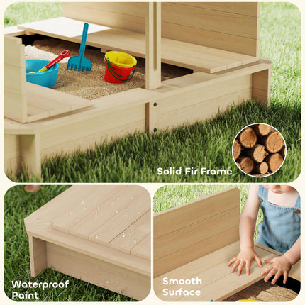 Children's Square Wooden Cabana Sandbox with Adjustable Canopy 106x106x121cm - Natural Wood, Blue & White
