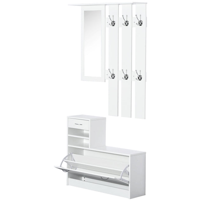 Entryway Furniture Set with Mirror, Hooks & Shoe Storage - White