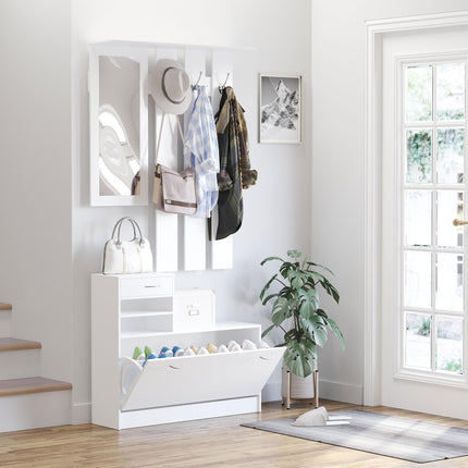 Entryway Furniture Set with Mirror, Hooks & Shoe Storage - White