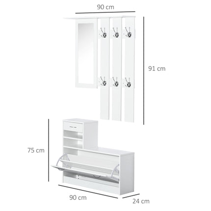 Entryway Furniture Set with Mirror, Hooks & Shoe Storage - White