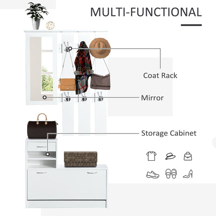 Entryway Furniture Set with Mirror, Hooks & Shoe Storage - White