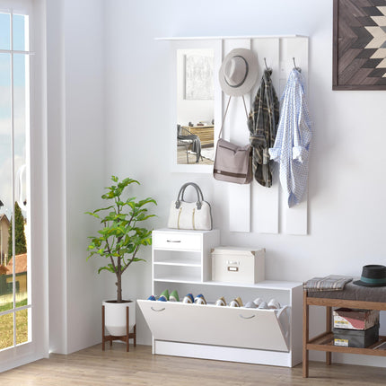 Entryway Furniture Set with Mirror, Hooks & Shoe Storage - White