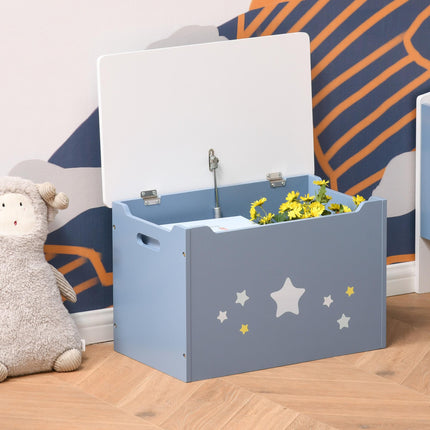 Wooden Kids Toy Box Storage Chest with Safety Hinge, Air Vents & Handles - Blue