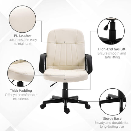 Swivel Executive Mid Back PU Leather Office Desk Chair with Armrests and Wheels - Cream