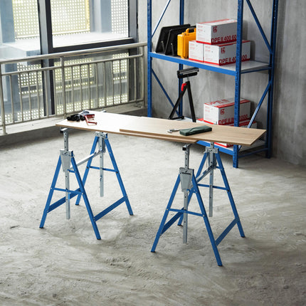 Set of 2 Adjustable Telescopic Builders Trestles Folding Saw Horses Work Bench - Blue