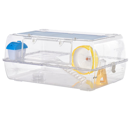 Portable Two-Storey Small Pet Cage with Running Wheel, Drinker & Feeding Bowl - Transparent