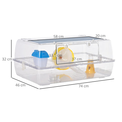 Portable Two-Storey Small Pet Cage with Running Wheel, Drinker & Feeding Bowl - Transparent