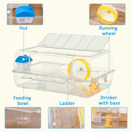 Portable Two-Storey Small Pet Cage with Running Wheel, Drinker & Feeding Bowl - Transparent