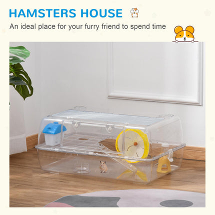 Portable Two-Storey Small Pet Cage with Running Wheel, Drinker & Feeding Bowl - Transparent