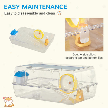 Portable Two-Storey Small Pet Cage with Running Wheel, Drinker & Feeding Bowl - Transparent