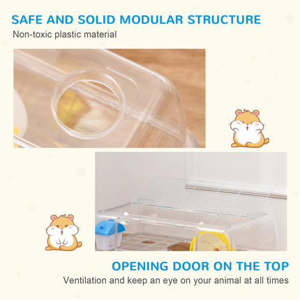 Portable Two-Storey Small Pet Cage with Running Wheel, Drinker & Feeding Bowl - Transparent