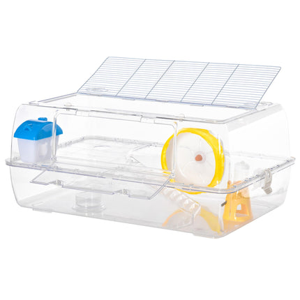 Portable Two-Storey Small Pet Cage with Running Wheel, Drinker & Feeding Bowl - Transparent