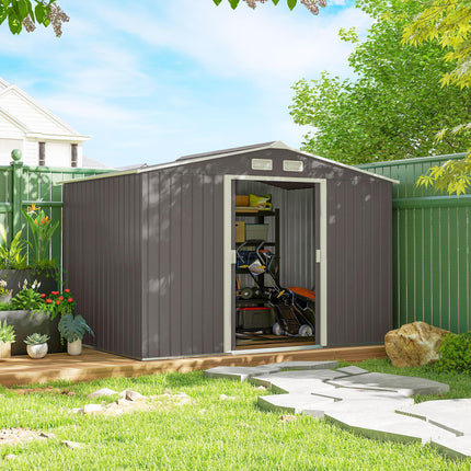9 x 6 ft Metal Garden Storage Shed with Sloped Roof and Ventilation - Grey