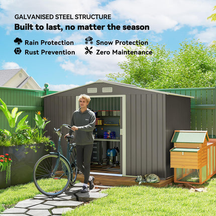 9 x 6 ft Metal Garden Storage Shed with Sloped Roof and Ventilation - Grey